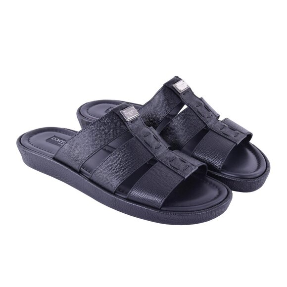 Dolce & Gabbana - Dauphine Leather Sandals MEDITERRANEO with Logo Plate Black EU